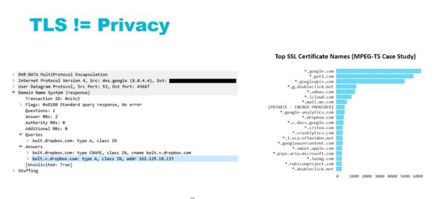 Left: an unencrypted DNS response shows a satellite Internet user is visiting Dropbox. Right: a breakdown of the most commonly visited domains.