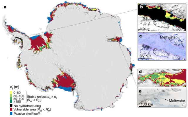 Areas of buttressing ice shelves that are vulnerable to hydrofracturing shown in red. Fractures in green and black areas should be stable; blue areas provide no buttressing. Boxes zoom in on two areas where surface meltwater is present today.