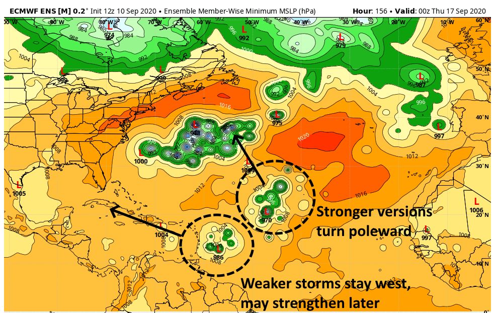 European ensemble forecast for Wednesday evening, September 16. This shows the potential outcomes for the African wave.