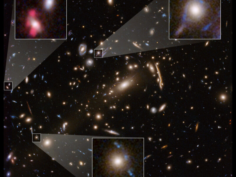 Image of a large group of galaxies, with inset magnified views of some of them.