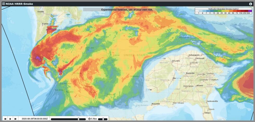 A visualization of vertically integrated smoke spreading across the US. Red is high levels of smoke, blue is low levels