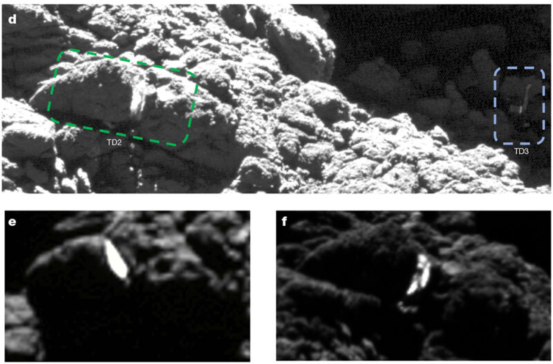 The close-ups highlight the bright ice exposed in the boulders when Philae struck them during its second touchdown (green box above).