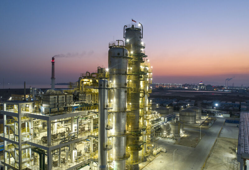 Oil and gas industry and sunrise at a refinery in Fujian