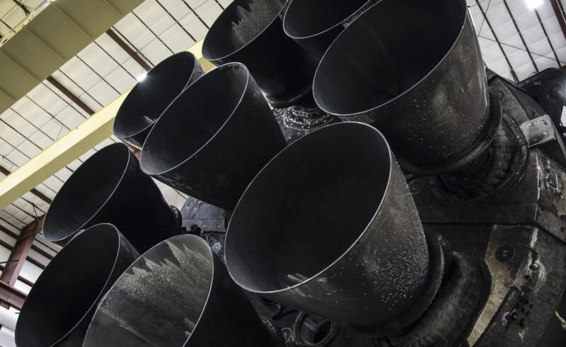 Nine enormous rocket engines in a huge hangar.