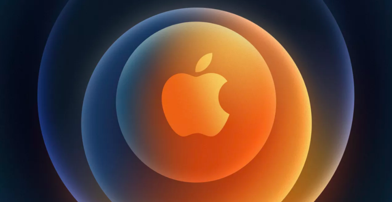 An Apple logo is surrounded by colorful concentric circles.