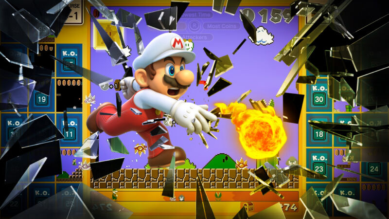 Illustration of Nintendo's Mario smashing through a glass wall.