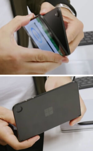 The Surface Duo prototype with a rear camera bump on one half, and a corresponding divot on the other. The final device has no rear camera.