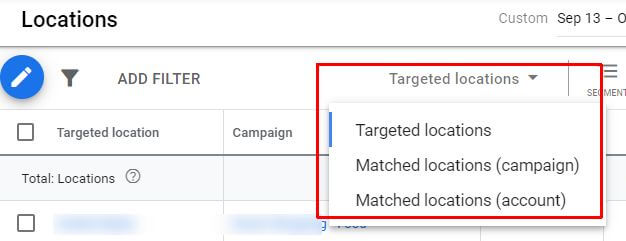 Targeted locations or matched locations reporting in Google Ads.