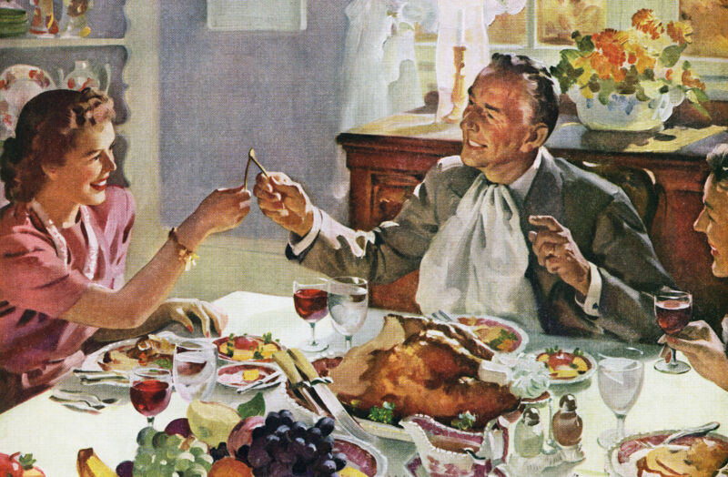 A Norman Rockwell (or Rockwell-esq) depiction of Thanksgiving gathering.