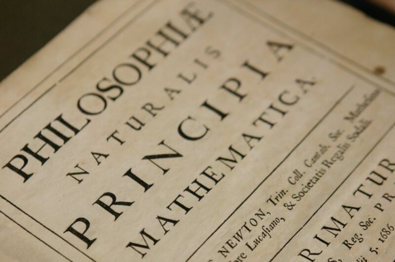 A copy of Isaac Newton's <em>Philosophiae Naturalis Principia Mathematica</em>, one of the most important scientific works ever written, housed at the Science Museum Library and Archives in Swindon, England.