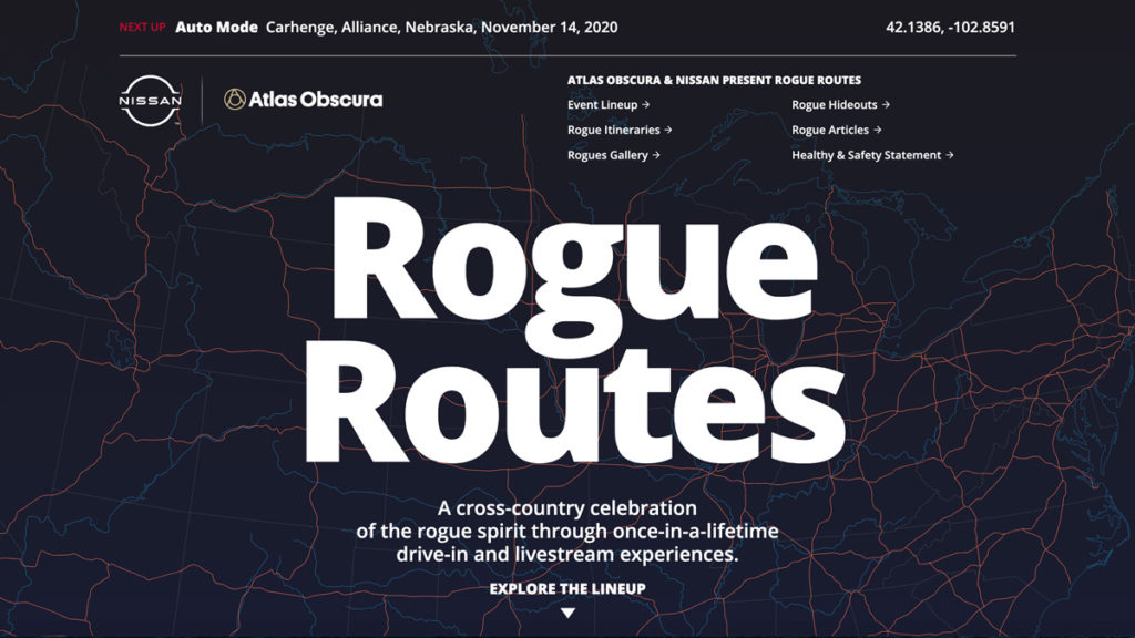 a road map that says rogue routes: a cross-country celebration of the rogue spirit through once-in-a-lifetime drive-in and livestream experiences.