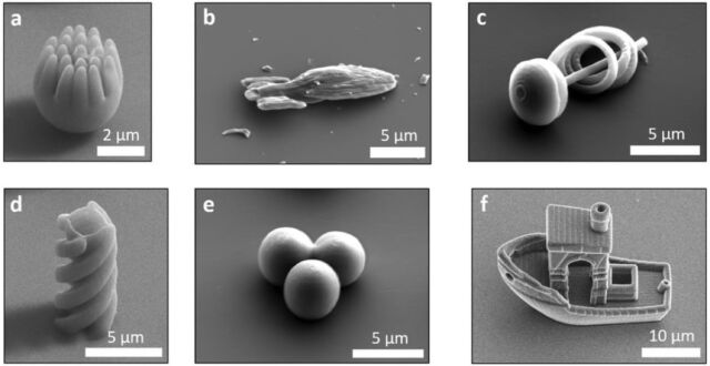 SEM images of various 3D printed particle shapes: (top, l-r) a spiky sphere, a starship, a spiral. (bottom, l-r) A helix, a trimer, and a 3D benchy boat.