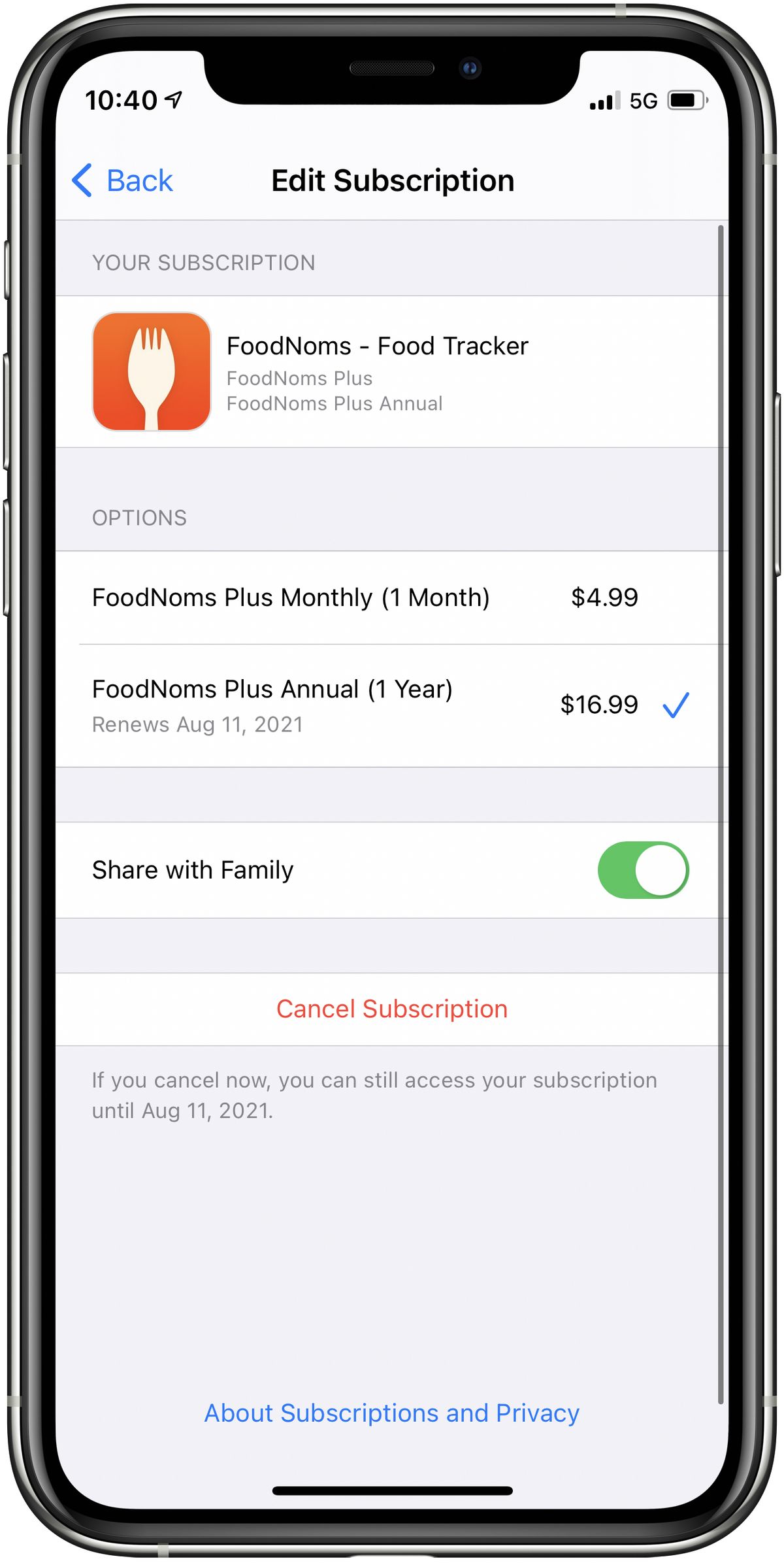 Screenshot showing an Edit Subscription page on iPhone, with the new Share with Family toggle