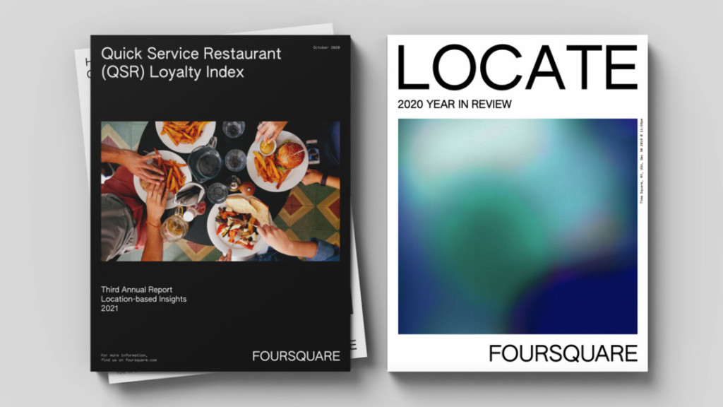 aerial shots of two magazine covers , one on the left says quick service restaurant (QSR) loyalty index and shows people eating burgers and fries, and the one on the right says located 2020 year in review foursquare and has a fuzzy blue and green cover