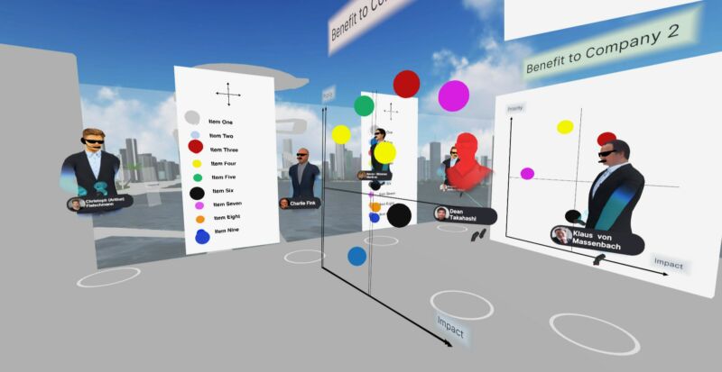 A virtual workspace is composed of heavily stylized floating heads and a permanent sunset.