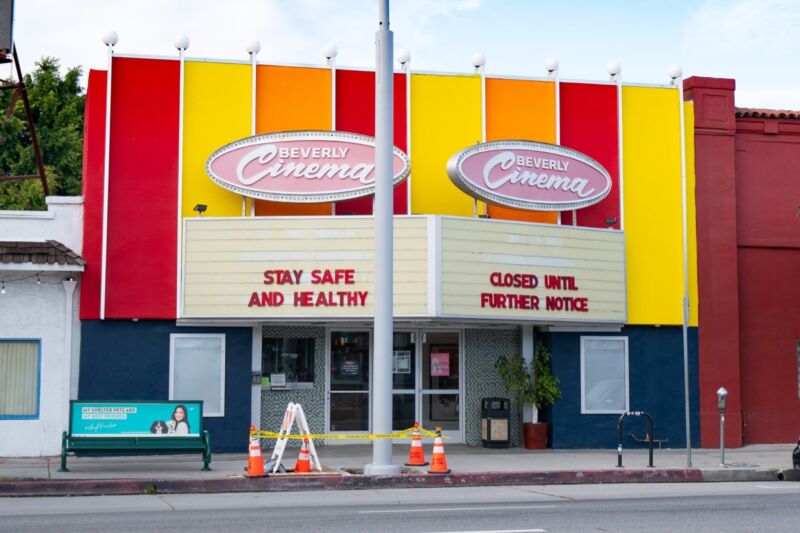 Exterior of a temporarily closed movie theater.