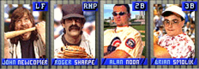 Members of the <em>Power-Up Baseball</em> staff, as members of a hidden developer team within the game. (We've yet to hear about other hidden teams in the game, and we're pessimistic about finding the Wu-Tang Clan in here, given the game's 1996 launch. But, hey, we can dream.)