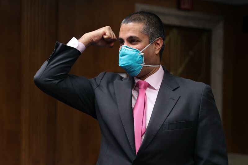 FCC Chairman Ajit Pai wearing a mask at a Senate hearing.