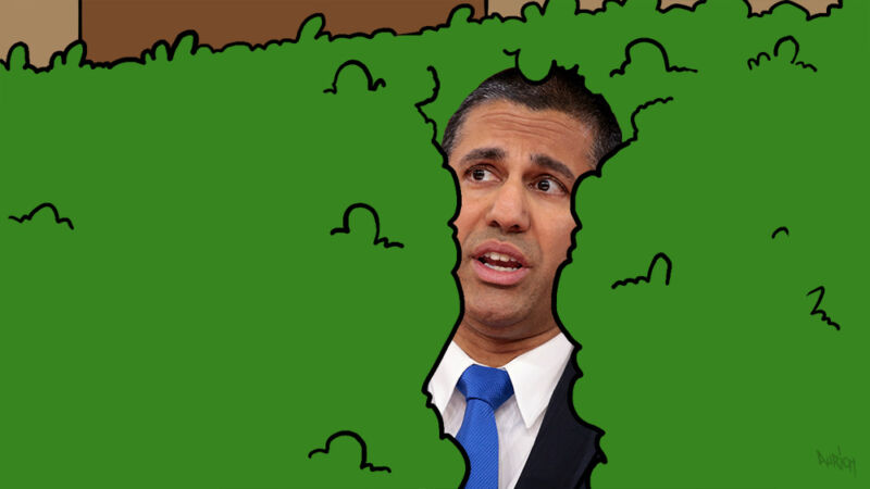 Simpsons-like illustration of Ajit Pai walking backwards into a bush.