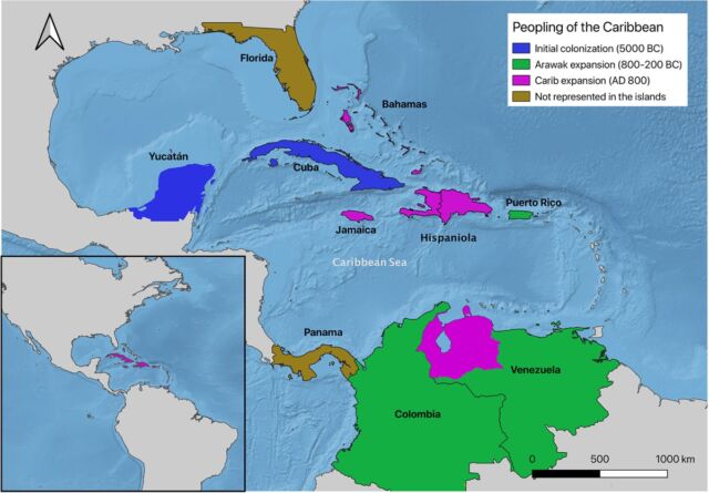 A map showing proposed three migration routes for the peopling of the Caribbean.