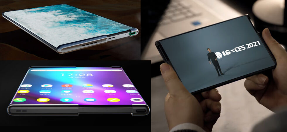 Rollable phones and concepts from Oppo (top left), TCL (bottom left), and LG (right). Is it just me, or are these all the same phone? No one filed a patent?