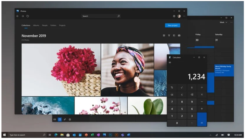 This screenshot of the Photos and Calculator apps comes from a video Microsoft product chief Panos Panay dropped on Instagram to demonstrate new UI concepts in March 2020.