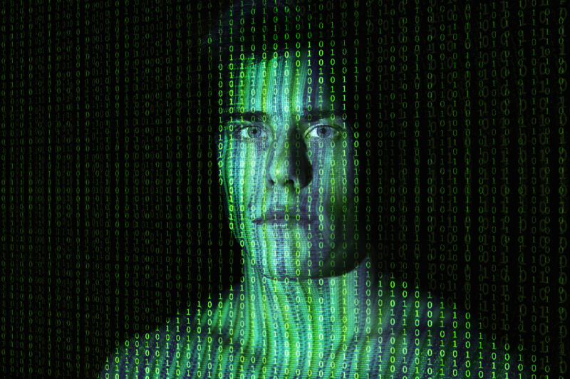 Stylized photo of a shirtless man rendered in ones and zeroes.