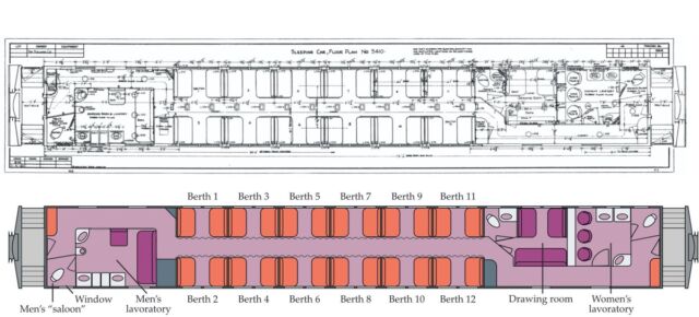 Schematic drawing of the Pullman car where John Wheeler spent the night on 6 January 1953.