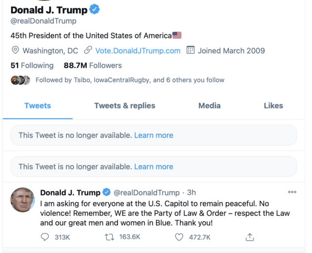 A screenshot of Trump's account with offending tweets removed.