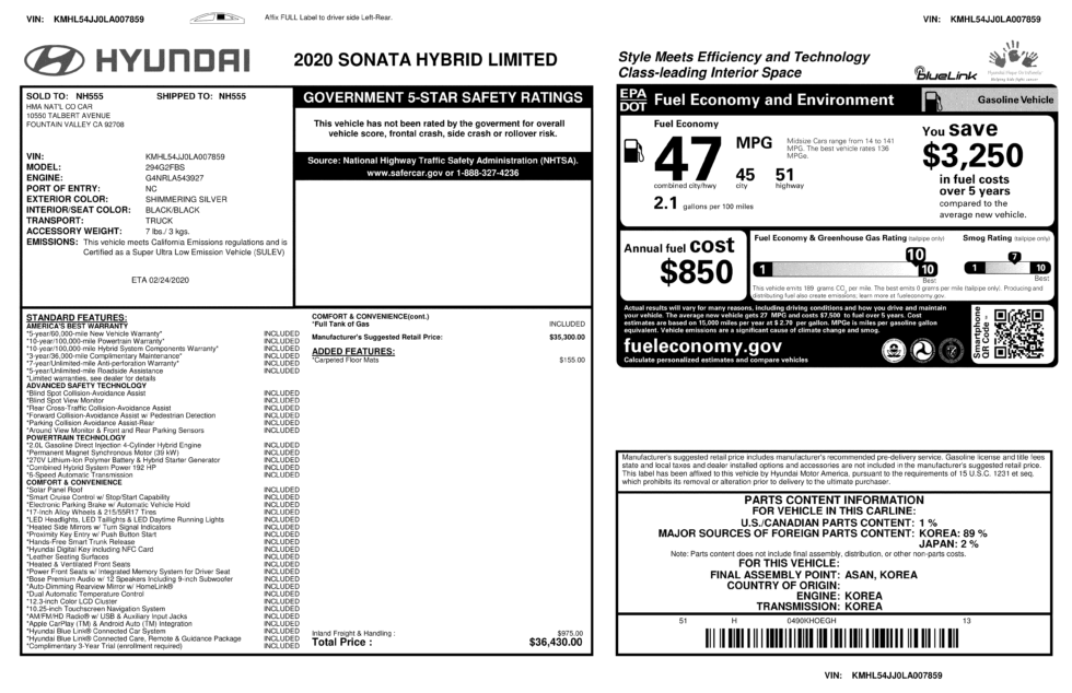 This is what a Monroney window sticker looks like. The EPA information is clearly displayed in a large box on the right-hand side.