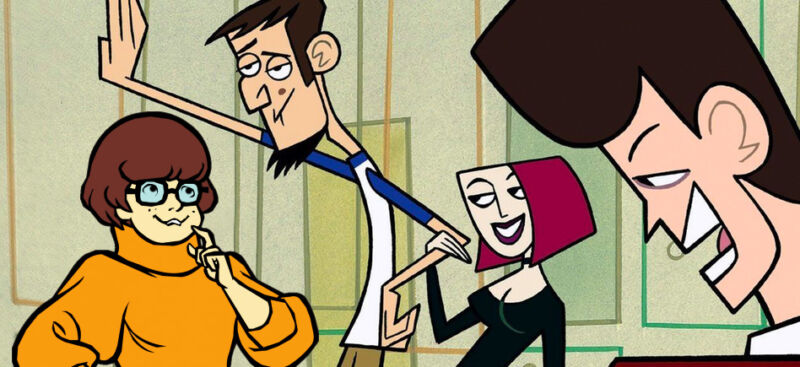 This artist's approximation imagines Velma from the <em>Scooby-Doo</em> series getting chummy with the <em>Clone High</em> cast. We doubt that such a crossover will happen, but animation nerds can dream, right?