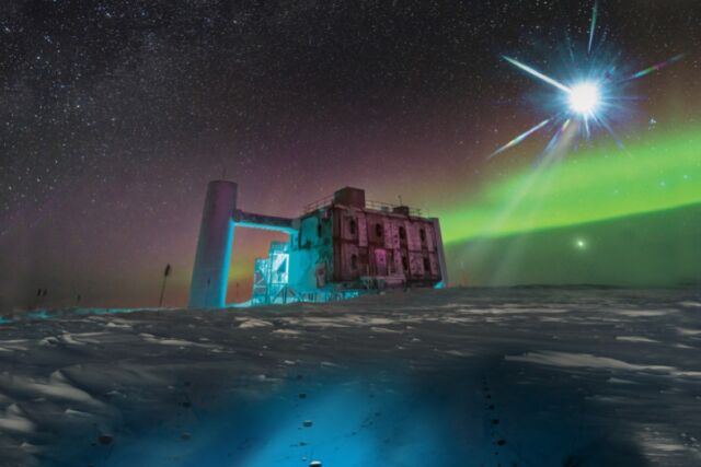 Artistic rendering of the IceCube lab at the South Pole. A distant source emits neutrinos that are then detected below the ice by IceCube sensors.