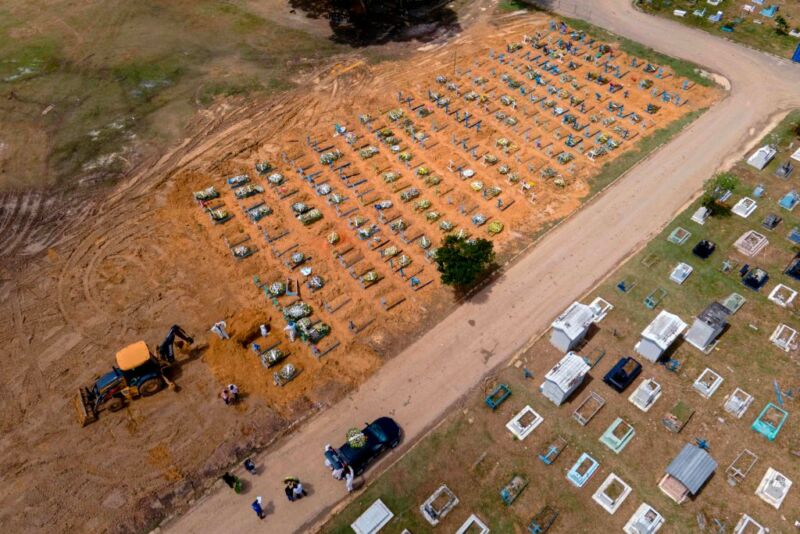 Image of an orange dirt lot with a tractor digging near the edge of a grid of individual coffins.