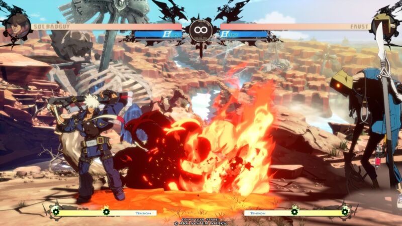 Sol Badguy faces off against Faust in <em>Guilty Gear Strive</em>, the latest entry in the long-running fighting game series coming in April.”><figcaption class=