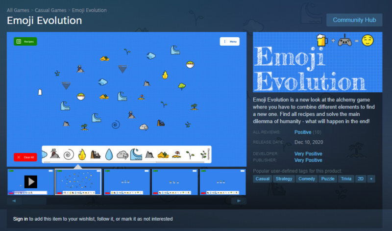 An archived copy of <em>Emoji Evolution</em>‘s Steam store page shows how hard it is to distinguish the developer’s "Very Positive" name from the merely "Positive" review summary (on the right).”><figcaption class=