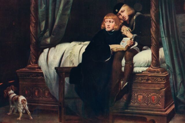 The princes in the tower as envisioned by Paul Delaroche, circa 1831, in the painting <em>King Edward V and the Duke of York (Richard) in the Tower of London</em>.