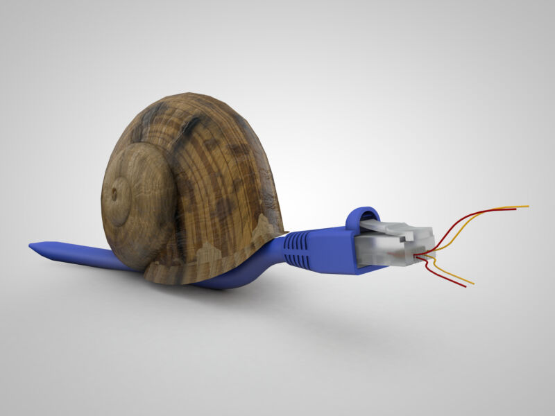 Illustration of a snail that looks like an Internet cable.