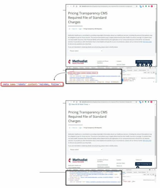 The noindex tag applied to a pricing transparency page for Methodist Healthcare.