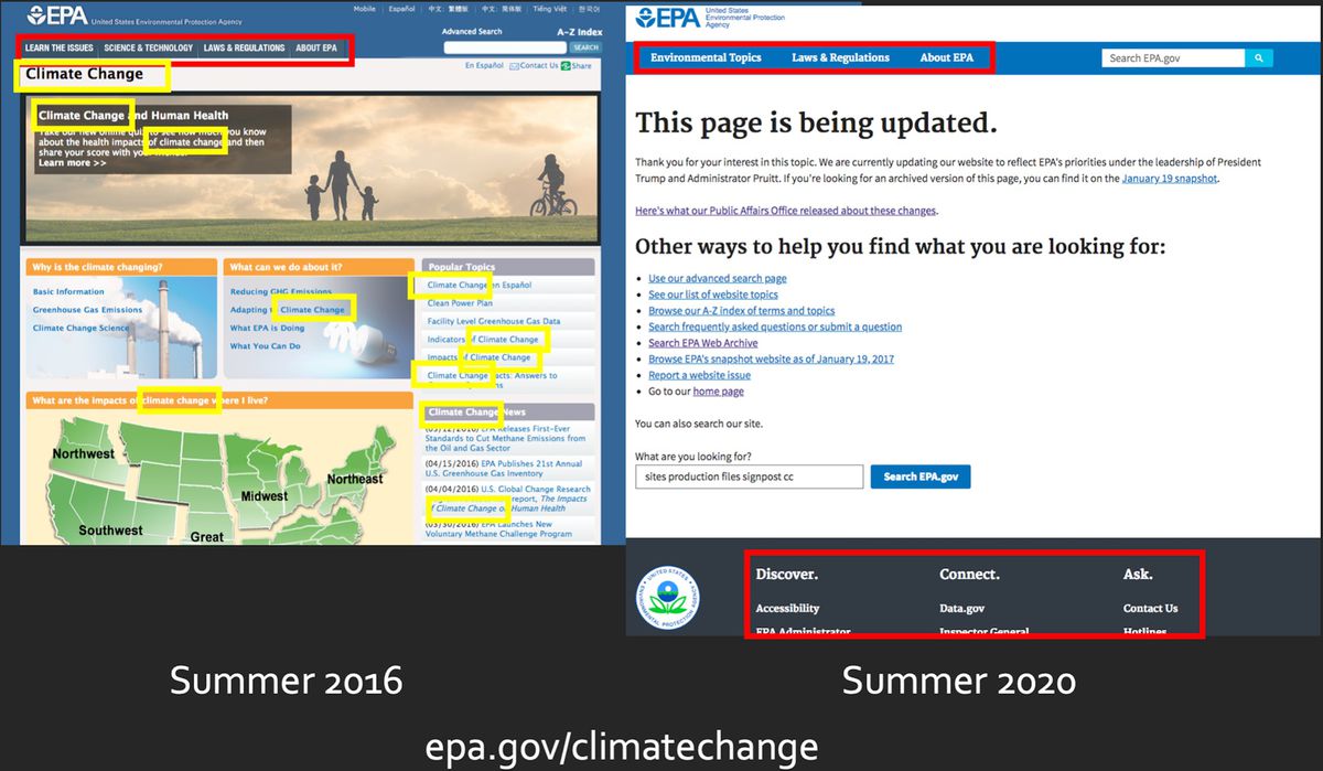 Side by side screenshots of the EPA’s website about climate change showing the 2016 content removed by 2020.