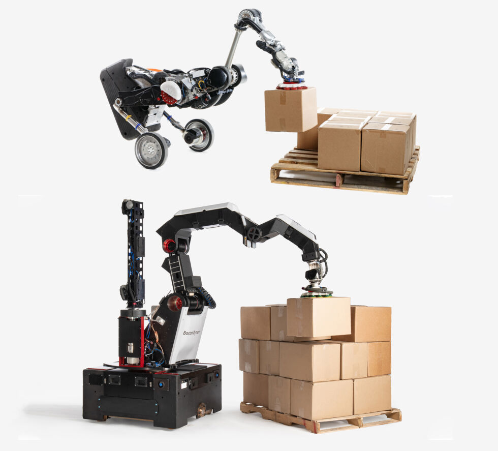 Boston Dynamics' first warehouse design was the bird-like Handle robot (top), and now it has evolved to the hulking Stretch robot (bottom). (Not to scale.)