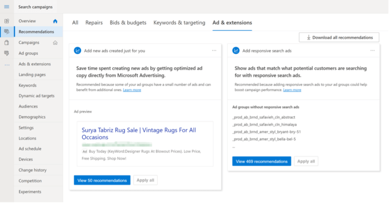 The Recommendations page in Microsoft Advertising.