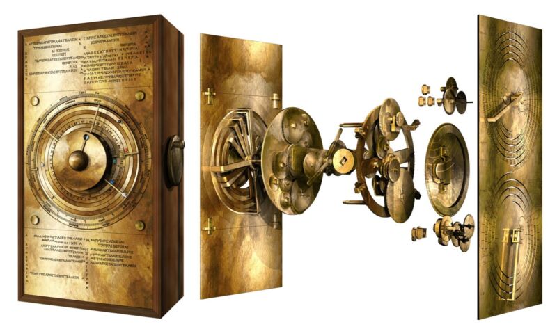 "Exploded" view of the new computer model of the Antikythera mechanism, showing how it might have worked.