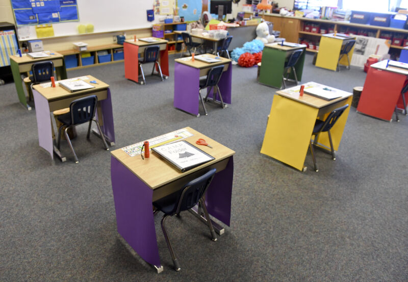 Spring Township, PA - August 21: A first-grade classroom where the desks are spaced out for social distancing. 