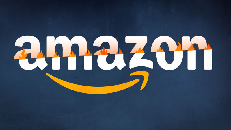 An Amazon logo falls apart and catches fire.