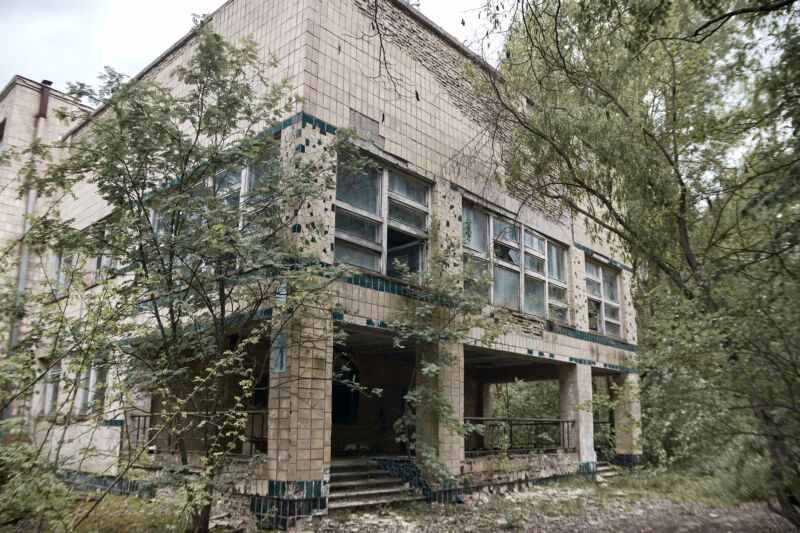 Nature slowly reclaims a squat, concrete and tile building.