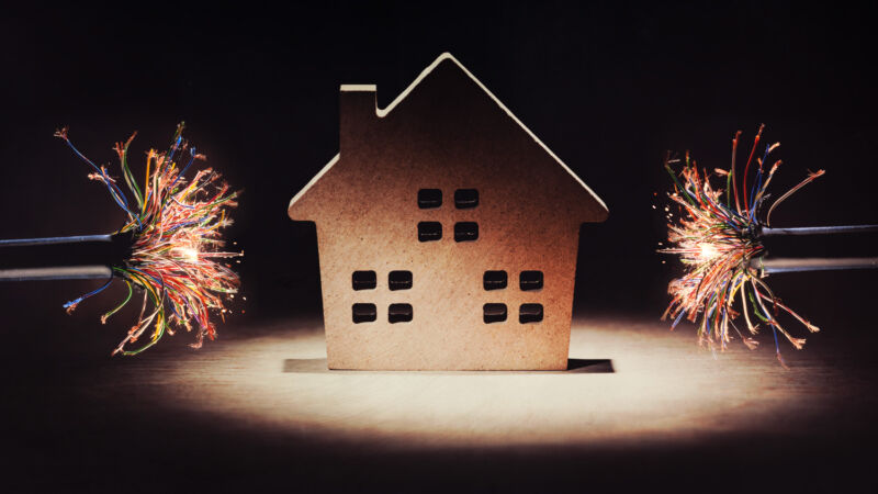 Illustration of a house, with frayed fiber wires that don't extend far enough to connect the home to Internet service.