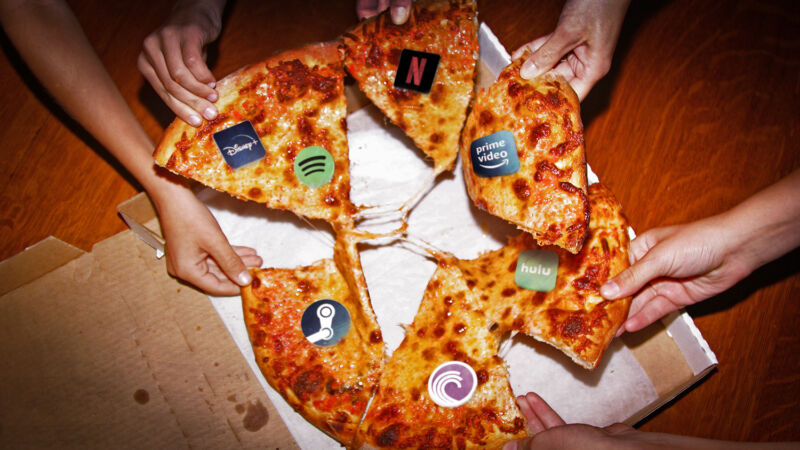 Illustration of a pizza with logos of Internet services like Spotify and Netflix on each slice.