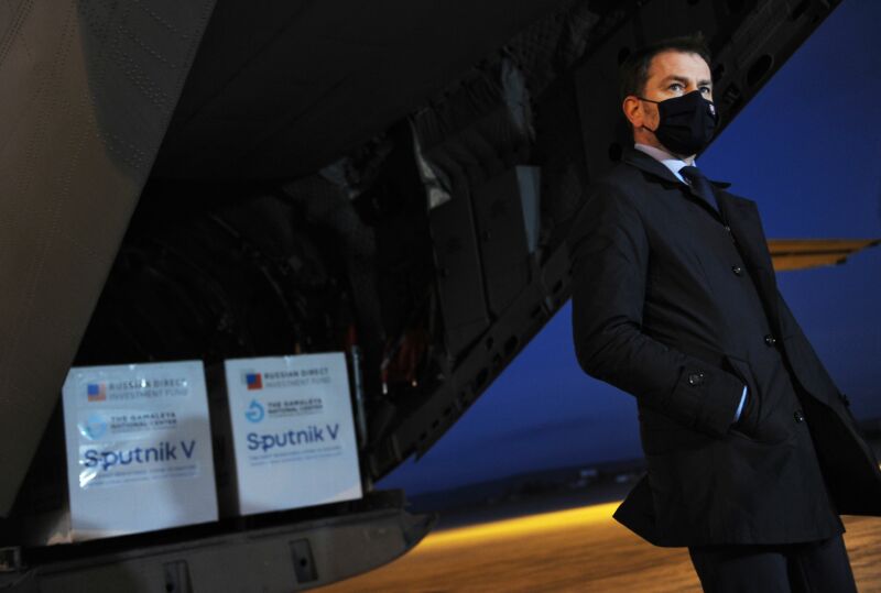 Former Slovak Prime Minister Igor Matovic wears a face mask as he gives a press statement at the International Airport in Kosice, Slovakia, on March 1, 2021, after an aircraft of the Slovak Army arrived from Moscow, carrying doses of the Sputnik V vaccine against Covid-19.