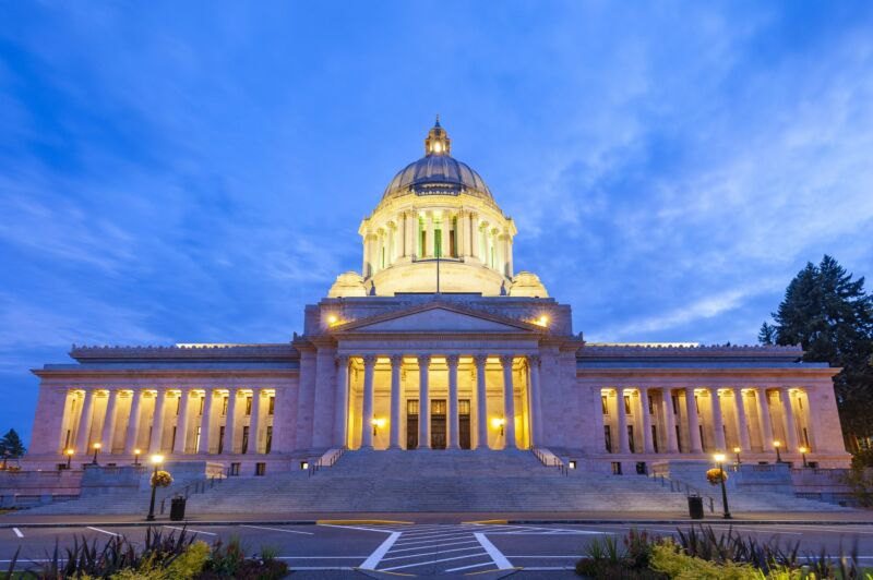 The front of the Washington state Capitol building seen during daytime.