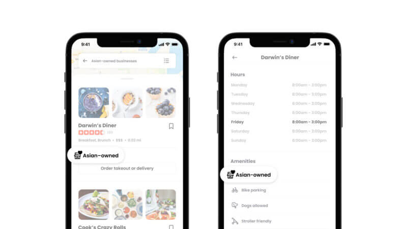 The Asian-owned business attribute within Yelp’s mobile app interface.